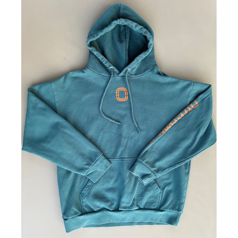 Overtime Mens Teal Blue Graphic Hoodie Orange Logo Sleeve Print Size Large